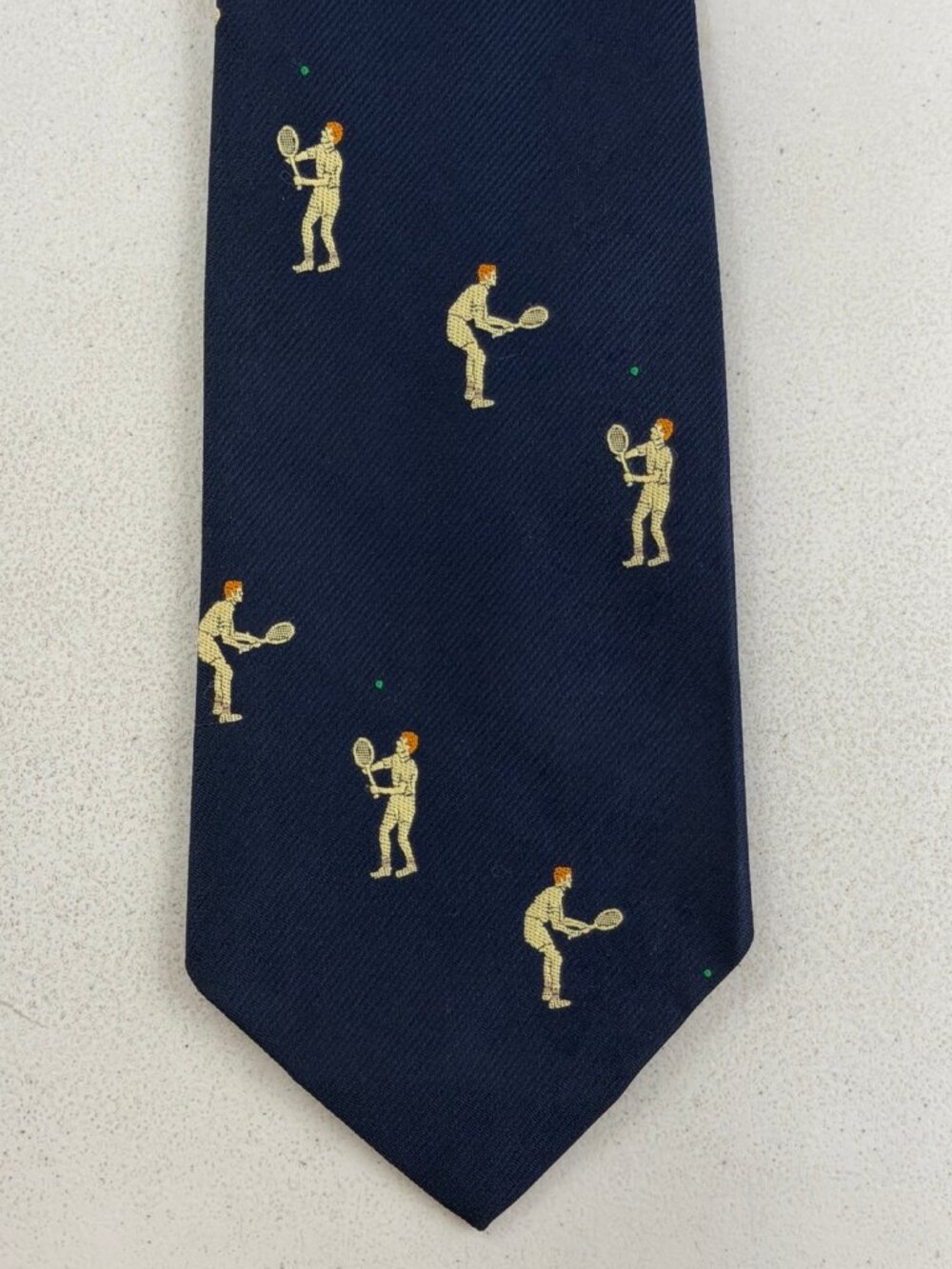 Vintage 60s Jacquard Tennis Player Tie 1960s Twill Mens Wide Necktie Navy Blue